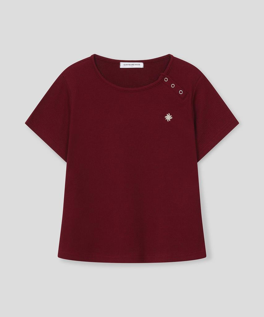 SLOW RECORD HOUSE Henley Neck Eyelet T-Shirt_Burgundy