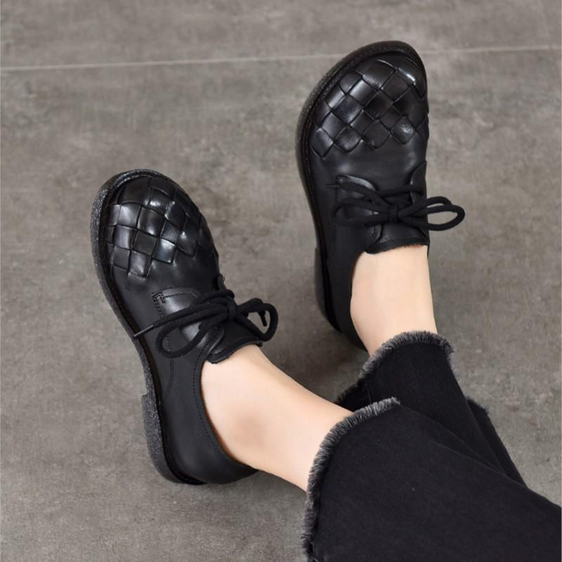 Johnature Vintage Genuine Leather Woven Low Heel Shoes Versatile Round Toe Lace Up Women's Shoes