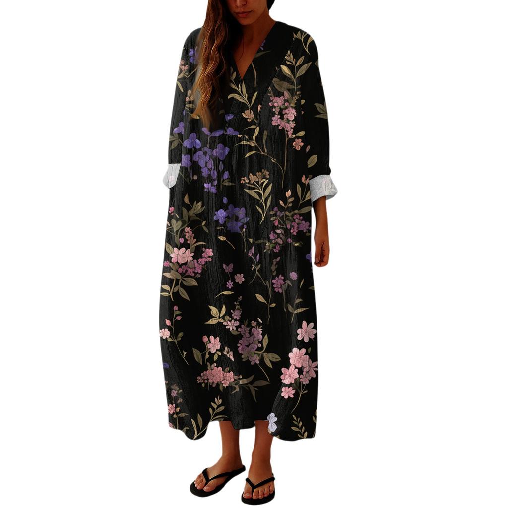 Women's Casual And Fashionable V-Veck Flower Print Long Sleeved Dress Long Sleeved Dress