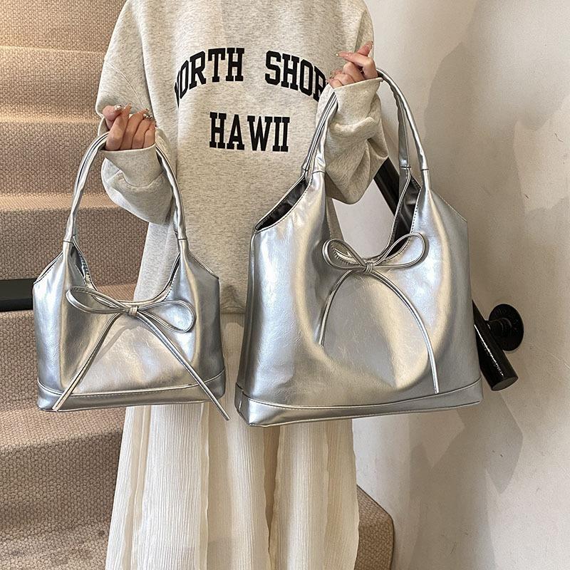 New Bow Niche Pu Women's Bag Simple Commuter Literary Shoulder Bag Large Capacity Underarm Tote Bag Women