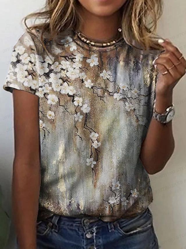 Summer women's T-shirt flower 3D printed T-shirt women's fashionable short sleeved T-shirt flower top Harajuku T-shirt bird