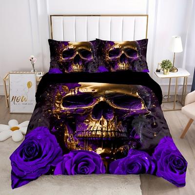 3-teiliges, weiches und atmungsaktives Bettbezug-Set mit violettem Rosen-Totenkopf-Muster für Schlafzimmer, Gästezimmer und Wohnheimdekoration