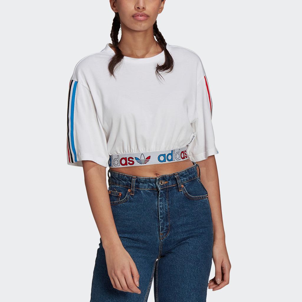 adidas Originals Primeblue Tricolor Crop Tops Women's White Crew Neck Moderate GN6979
