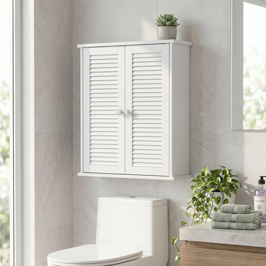 Bathroom Wall Cabinet, Hanging Storage Unit, 2 Louvered Doors, Adjustable Shelf, White