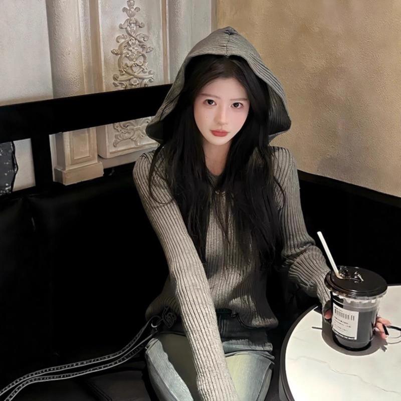 Grey hooded knitted sweater women's autumn and winter can wear bottoming shirt lazy short top