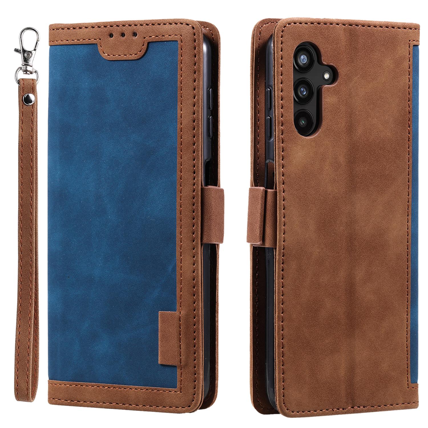 

For Samsung Galaxy S23 FE Stand Wallet Flip Cover PU Leather Retro Case Color Splicing Shell with Wrist Strap Blue