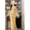 Holiday style skirt waist thin fishtail long dress yellow lotus leaf edge v-neck floral dress women's summer seaside