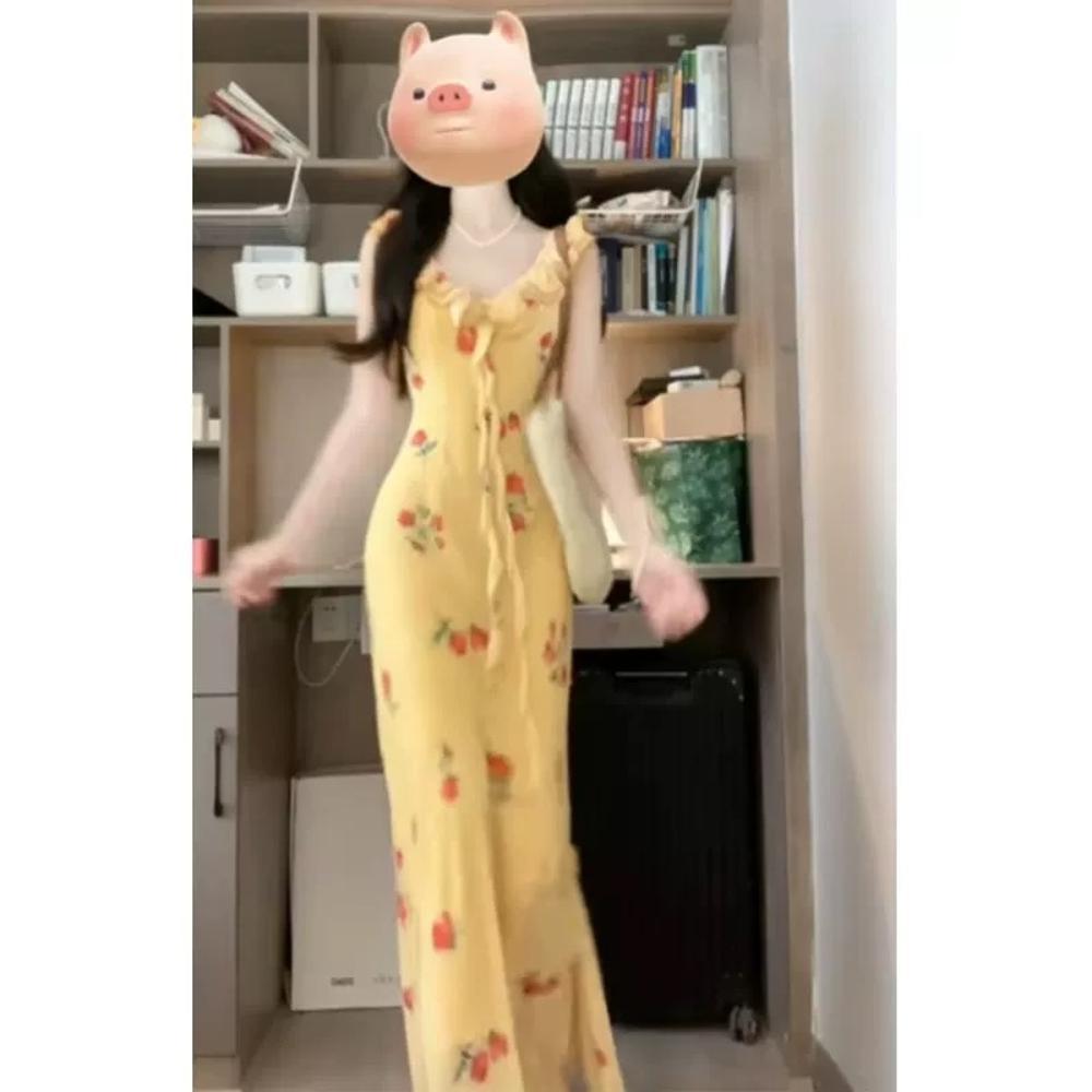 Holiday style skirt waist thin fishtail long dress yellow lotus leaf edge v-neck floral dress women's summer seaside