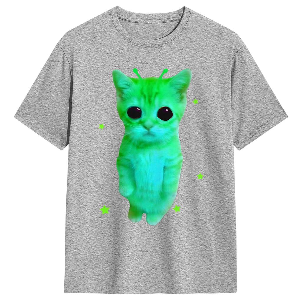 Green Alien Cat Meme TShirt Summer Fashion TShirts Unisex Cotton O Neck Oversized Top Tees Short Sleeve Streetwear Tops