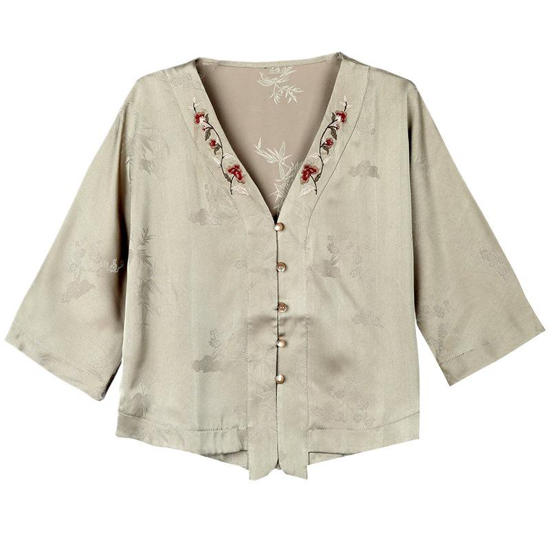 Frühling 2024 Damen Retro Chinesischer Stil Bestickte Kunstseide Tang Bluse
