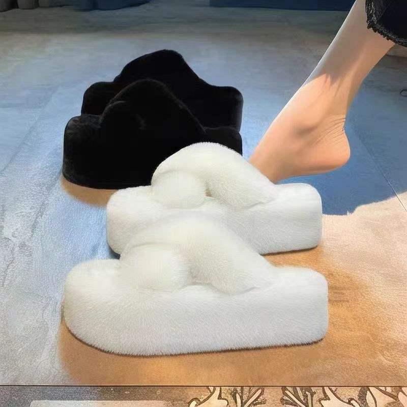 Trendige Outdoor Damen Hausschuhe mit dicker Sohle und Fell - Höhenverstärkend, vielseitig, 2025 Frühling/Herbst Plüsch Baumwolle