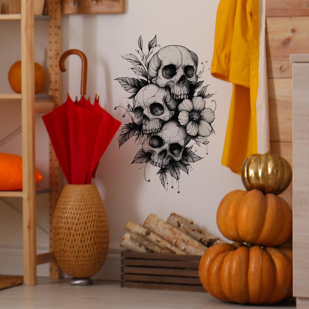 Black And Halloween White Skull And Flower Home Decoration Stickers Wall