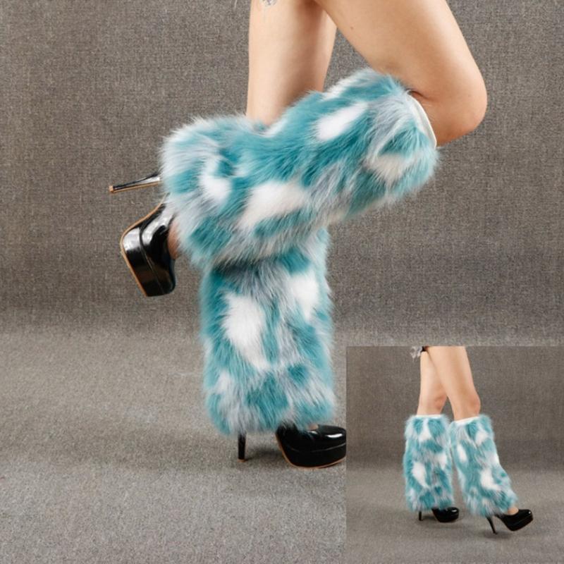 Women Harajuku Furry Leg Warmer Fall Winter Gothic Colorblock Dots Faux Fur Plush Boot Cover Cuffs Cosplay Fuzzy Socks