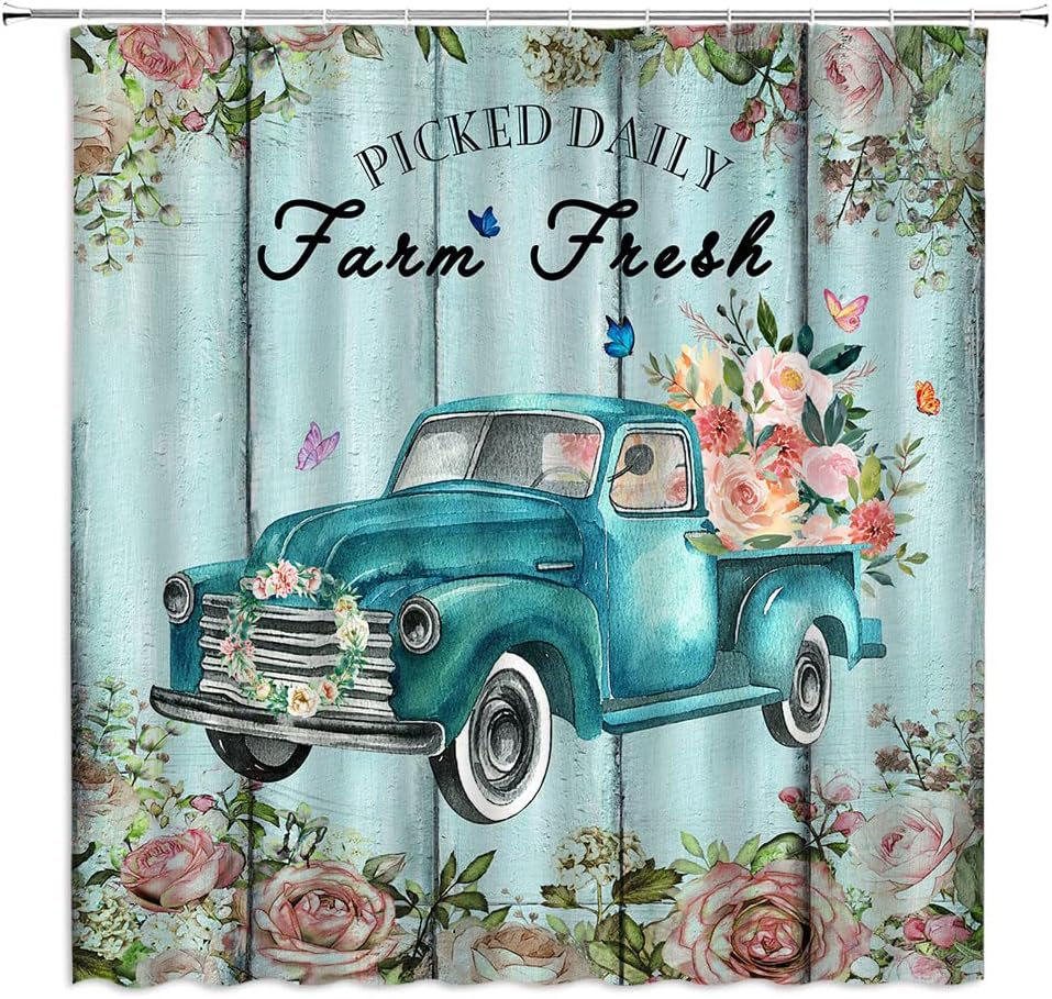 Rustic Framhouse Truck Flower Shower Curtain Farm Fresh Flower Blue Teal Truck on Rustic Vintage Wooden Retro Country Style
