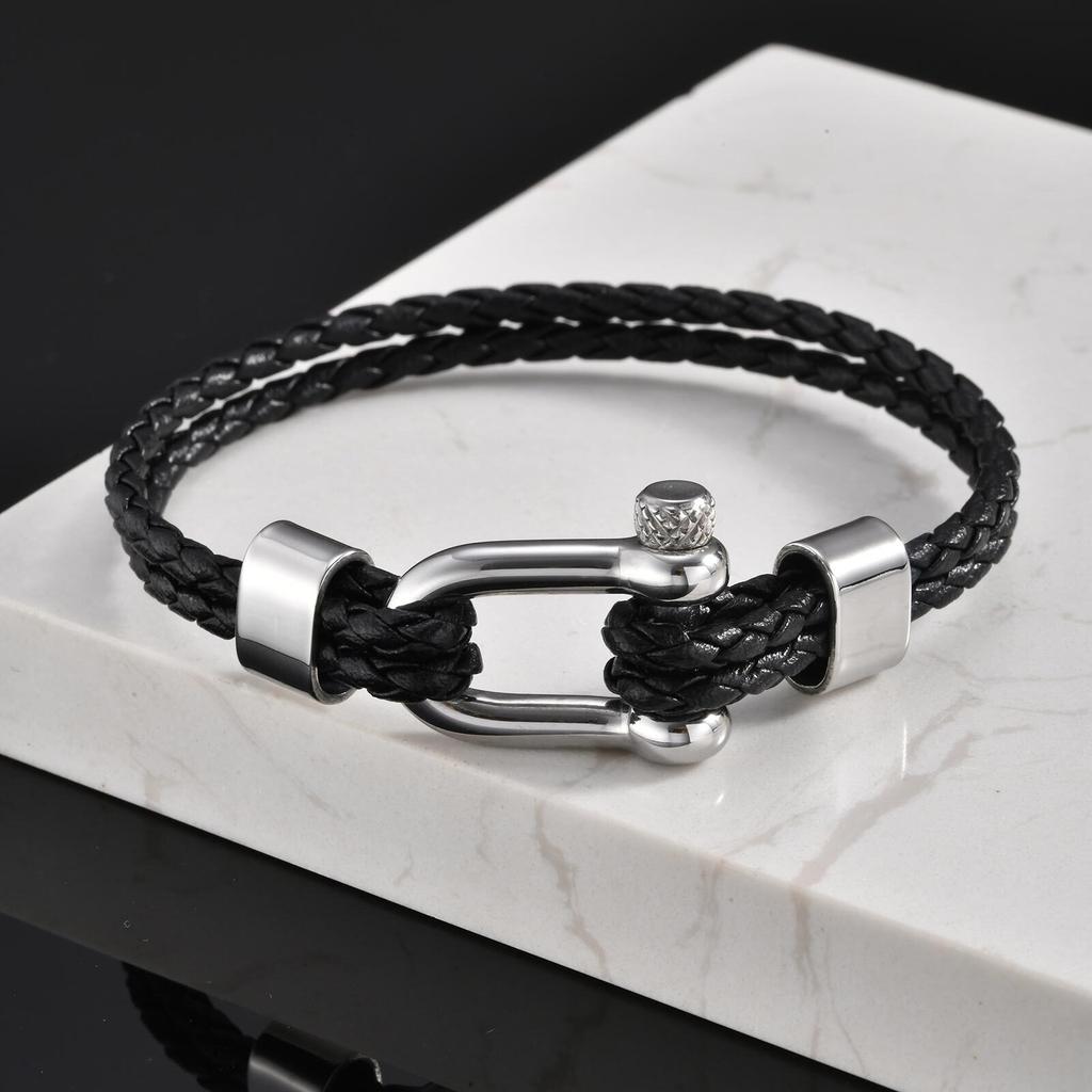 Stylish Leather Bracelet for Men Boys,Black Double Layers Leather Rope Bracelets,Trendy Jewelry Gifts to Dad Husband