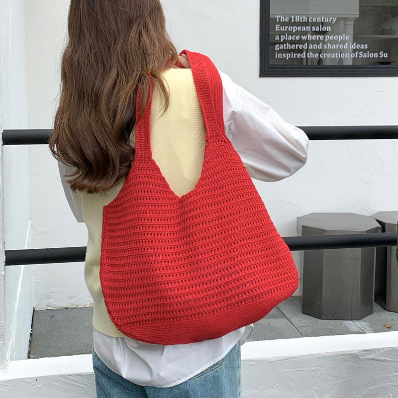 Korean Style Polyester Knit Tote Bag for Women Woven Shoulder Beach Purse