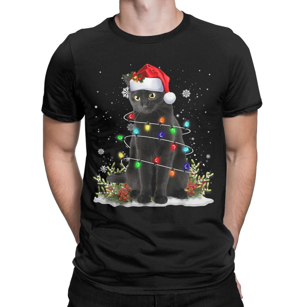 Men's Black Cat Christmas Santa Hat Funny Meowy Cats T-Shirts Clothing Beach Short-Sleeve T-Shirt O Neck Harajuku Tee Shirt