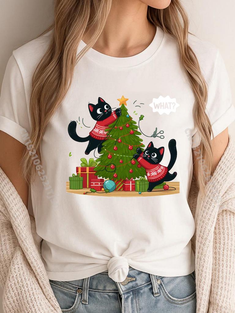 Funny Black Cat Pushing Christmas Tree Over Cat What T Shirts For Woman Student Vintage T Shirts Retro Tops & Tees