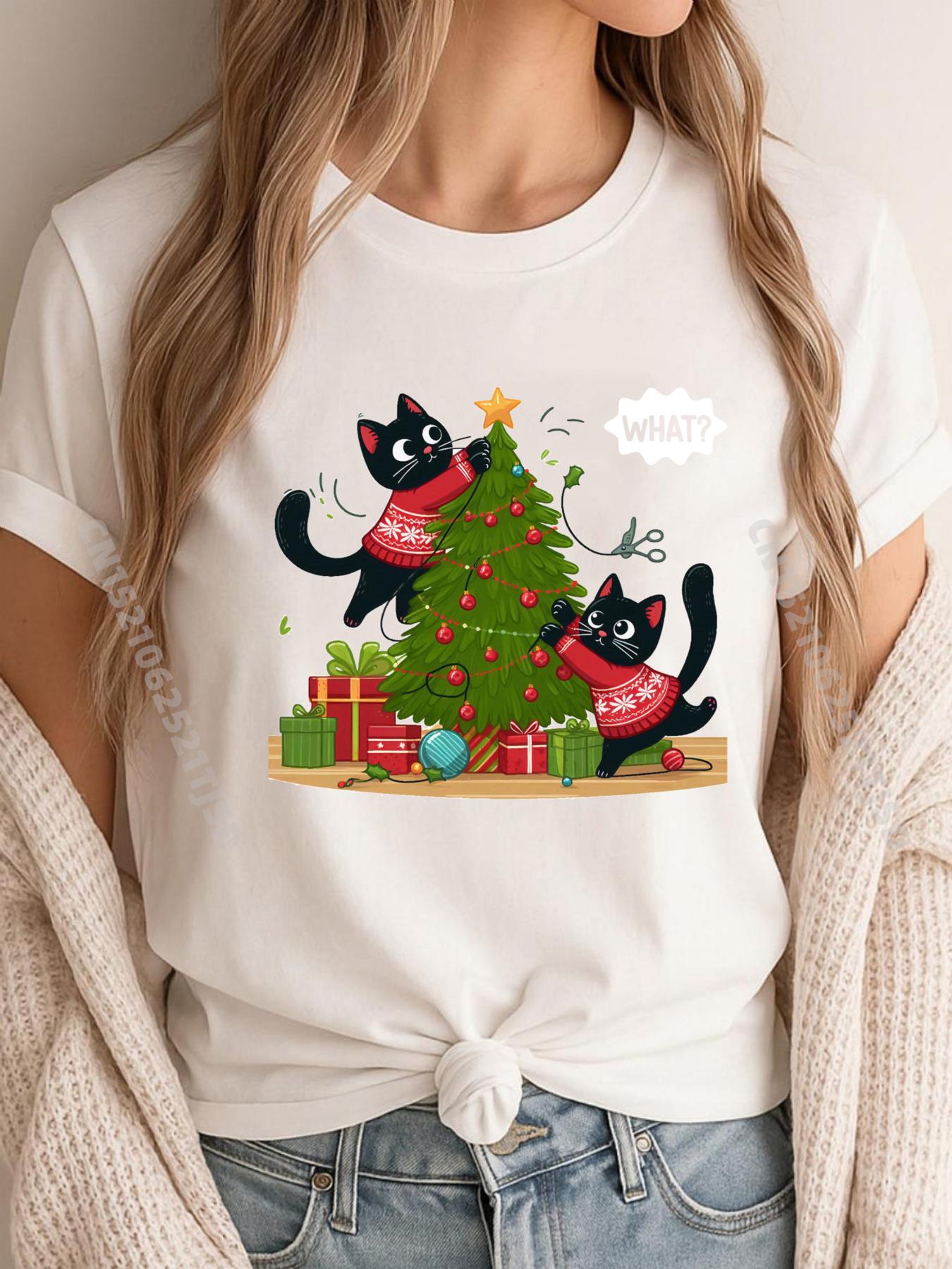 Смешной Черный Кот Толкает Рождественскую Елку Кот Что Футболки Для Женщин Студентов Винтажные Футболки Ретро Топы и Футболки S