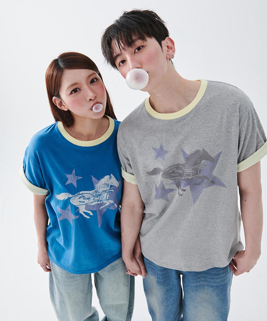 ESCAPEFROM [Escf X Hot Today] Lone Star Horse Roll-Up Point Short Sleeve T-Shirt Gray