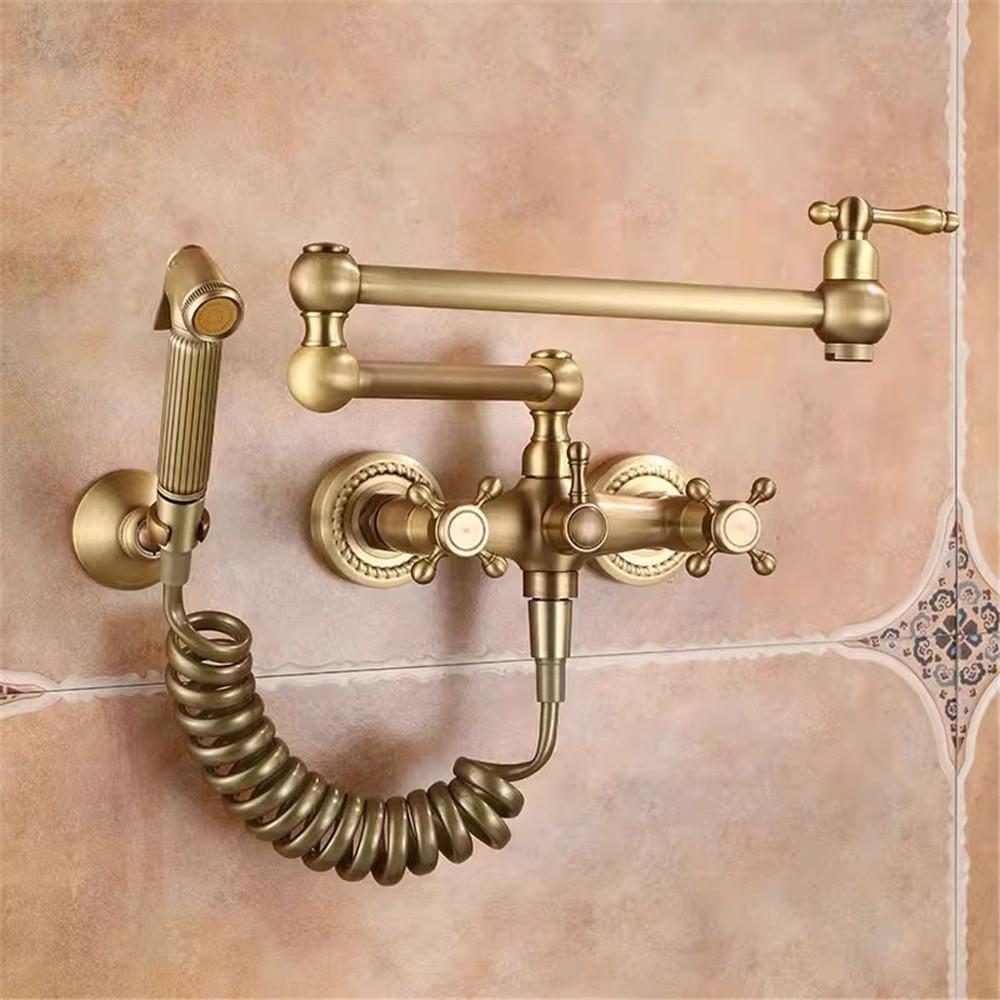 Antique Bronze Pot Filler Tap Wall Mounted Foldable Kitchen Faucet Hot and Cold Single Hole Sink Tap Rotate Folding Spout Brass