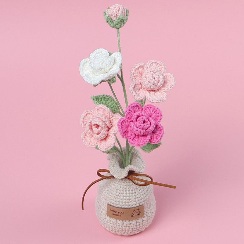 Crochet Flowers Handmade Knit Crocheted Roses With Pot Flower Crochet Desk Decorations Small Potted Plants Desk Flowers For Car