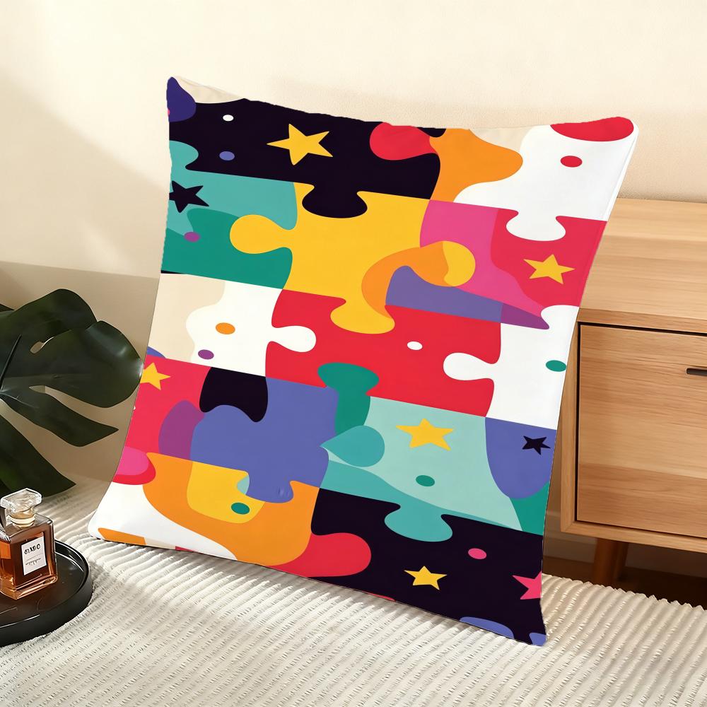 Federa Cuscino con Fantasie Puzzle Morbida in Peluche Corto Copricuscino Liscio Accogliente Estetica Custodia Cuscino Arredo Casa
