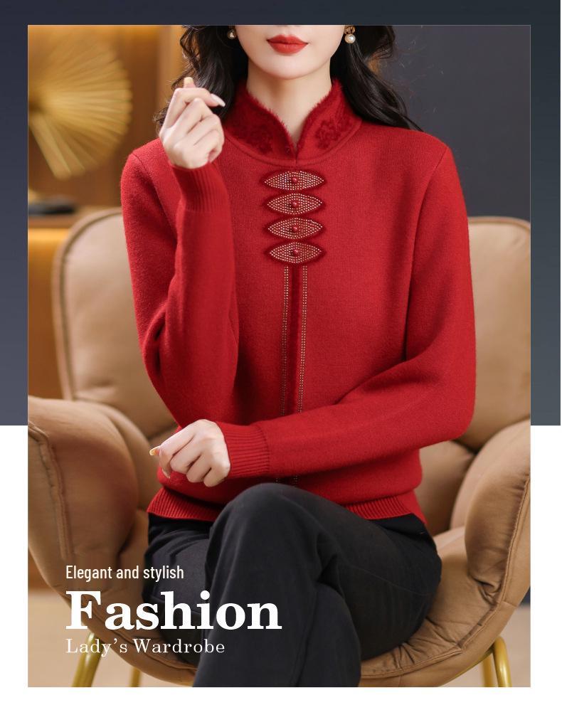Autumn/Winter Velvet Cheongsam Collar Sweater for Middle-Aged Women - Warm, Stylish Red Top