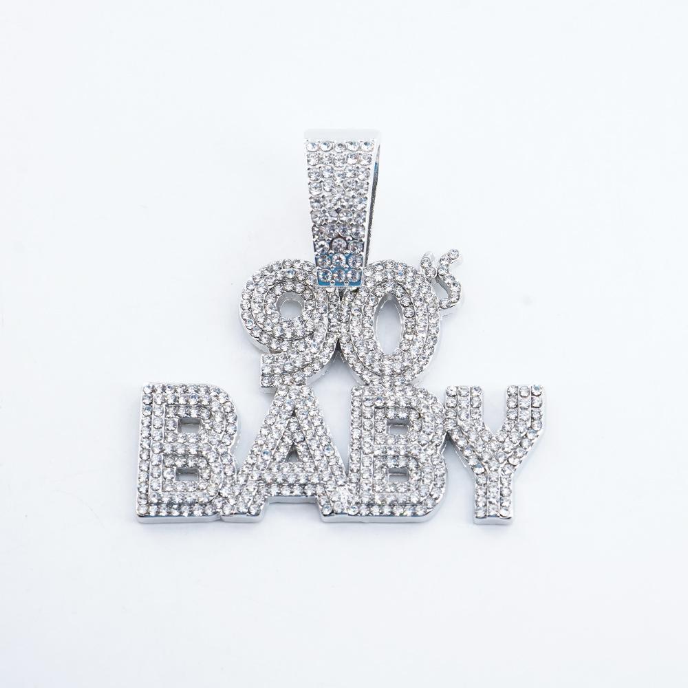 Hip Hop Exaggerated Letters 90.Baby Full Diamond Pendant Necklace, Personality Nightclub Men S Cuban Necklace
