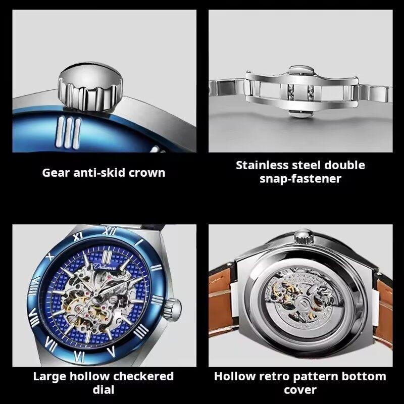 Dulunwe Skeleton Mechanical Watches Blue Roman Dial Watch for Men Automatic Watches Luxury Sports Waterproof Clock