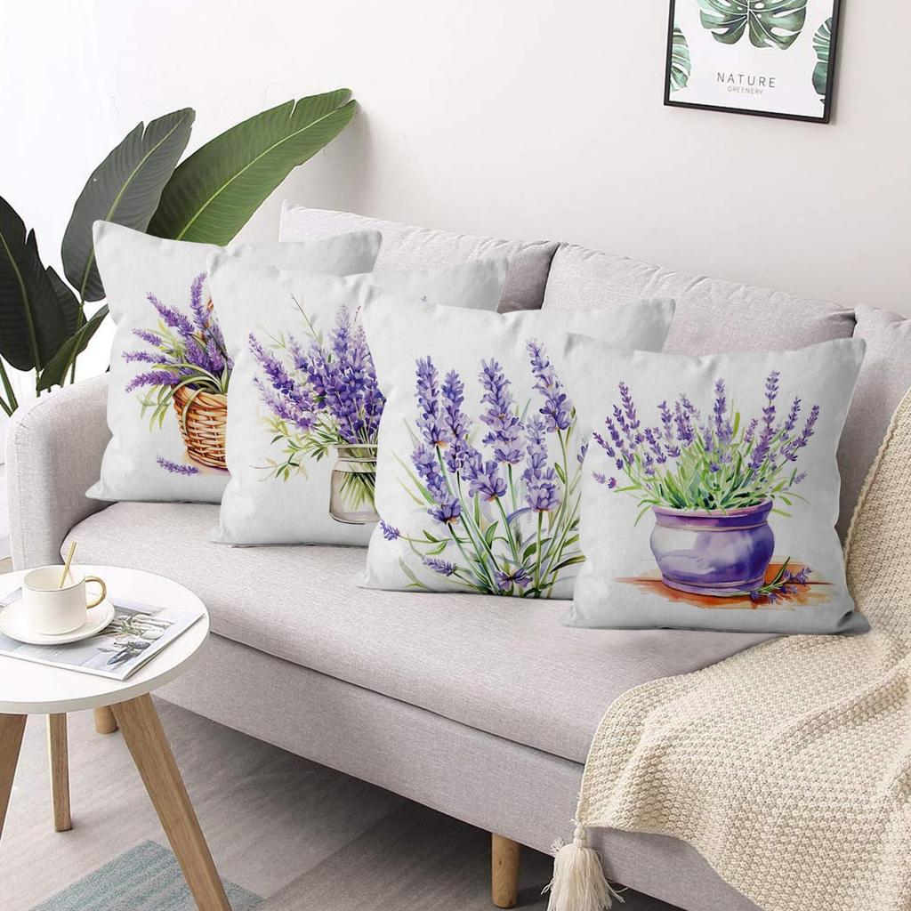 4Pcs Lavender Flower Basket Vase Pot Printed Pillow Cover Polyester Cushion Case 2D Flat Printing Pillowcase Farmhouse Zen Look