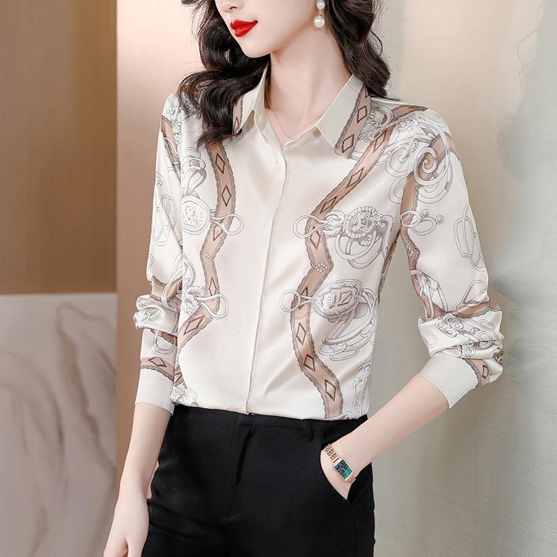 Genuine Mulberry Silk Print Shirt - Women's Slimming Long Sleeve Autumn Fashion 2025