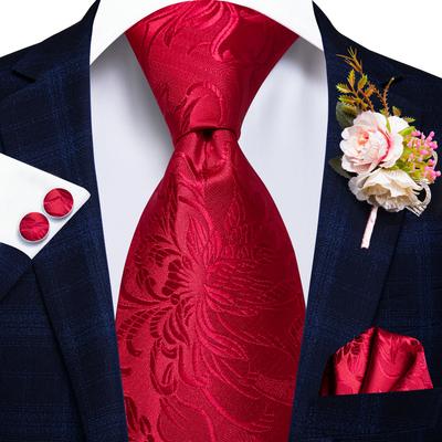 Mens Red Silk Tie Bridegroom Wedding Suit Corsage Necktie Hanky Cufflinks Set
