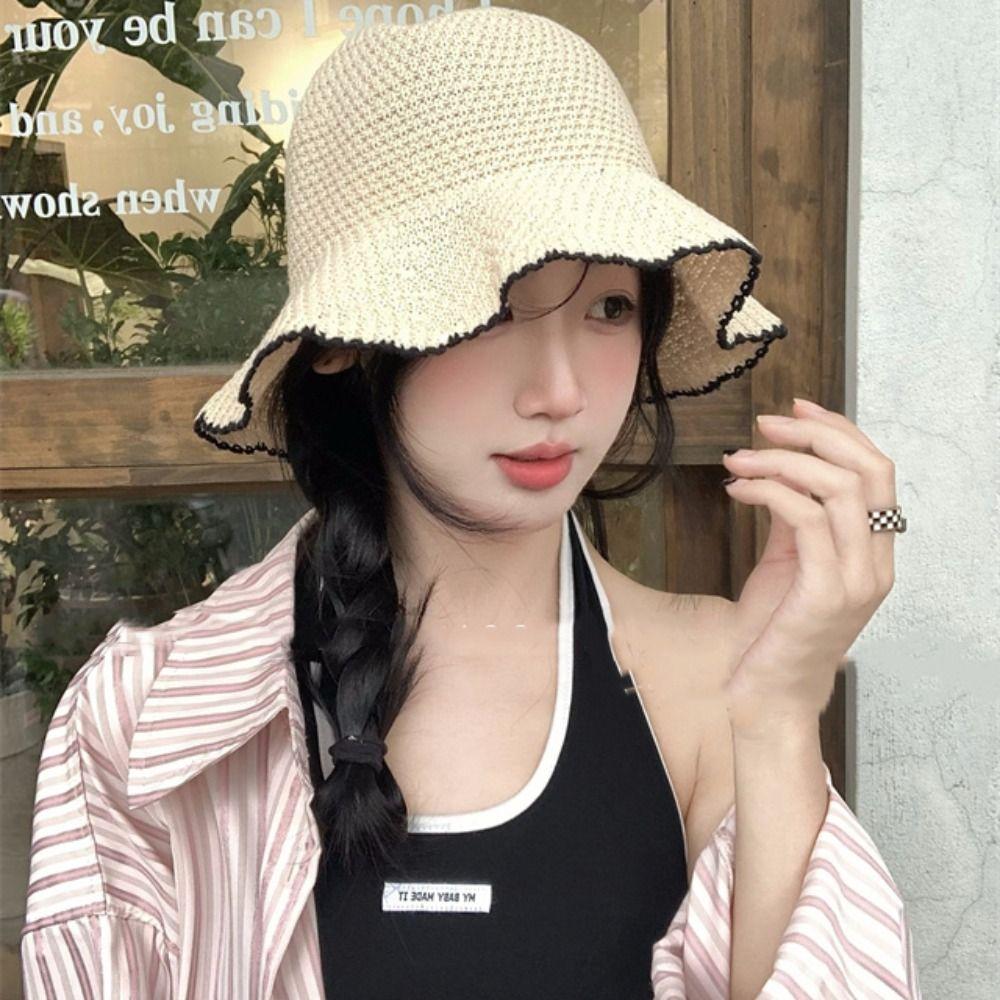 French Style Knitted Bucket Hat Sweet Seaside Beach Cap Elegant Straw Sun Hat  Outdoor
