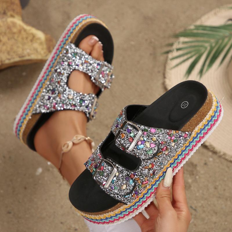 Slippers Fashion Rhinestone Double Buckle One Pedal Platform Women s Beach Sandals Large Size 43 чёрный 2890₽