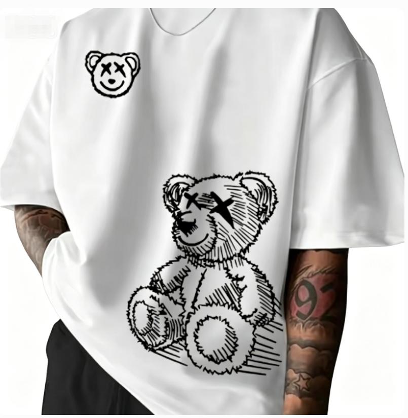 Summer Unisexs Pure Cotton Casual Sports Loose and Fashionable Cartoon Bear Pattern Printed Round Neck Short Sleeved Tshirt Soft