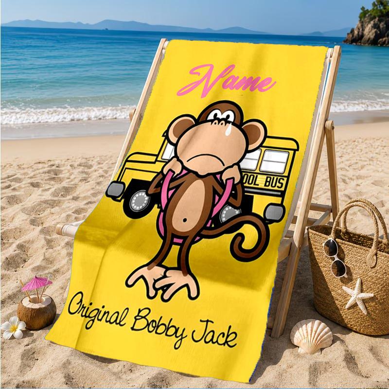 Custom Name Monkey Art Bobby Heart In Space Adventure Microfiber Beach Towel, Lightweight for Summer Travel, Swimming Pool Fan Gift