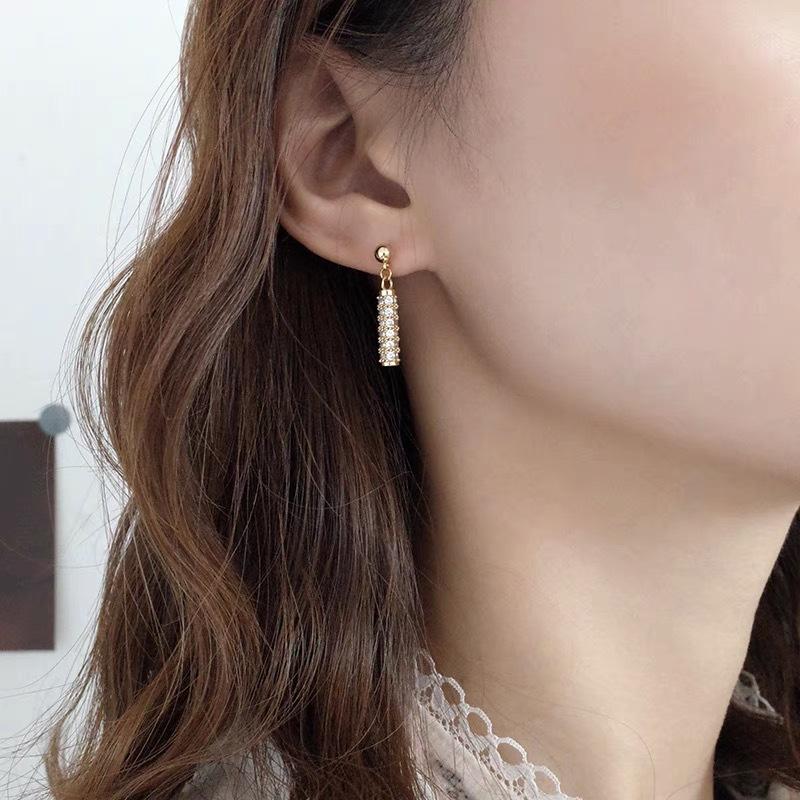 S925 Sterling Silver Diamond Inlaid Cylindrical Stud Earrings for Women Commuter's All-Matching Temperament Entry Lux Micro-Inlaid Ear