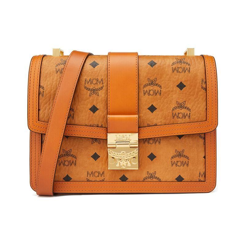 MCM Afneembare Verstelbare Schouderband Monogram Print Gecoat Canvas Crossbody Tas Medium Dames crossbody tas Bruin Cognac MWSBSXT02CO001 Basic Set (Bag+Dust Bag)