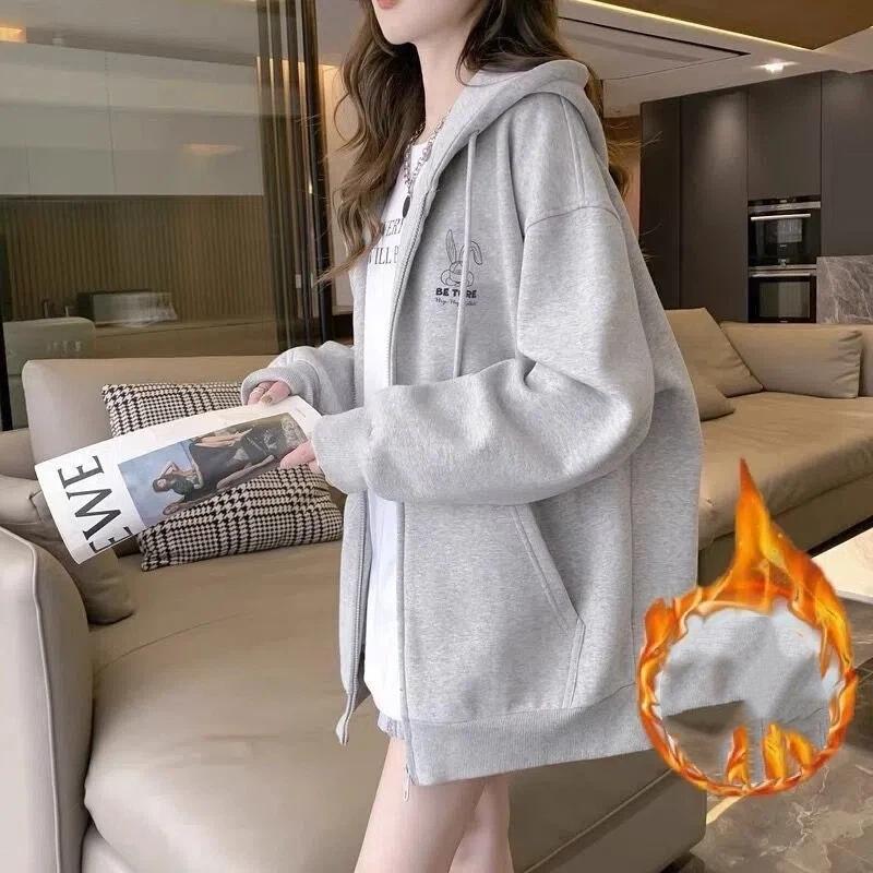 Women's Fleece Lined Zip Up Hoodie Cartoon Embroidery Casual Oversized Jacket