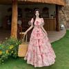 Summer new French retro ruffle edge bow long dress waist floral vacation thin temperament dress women