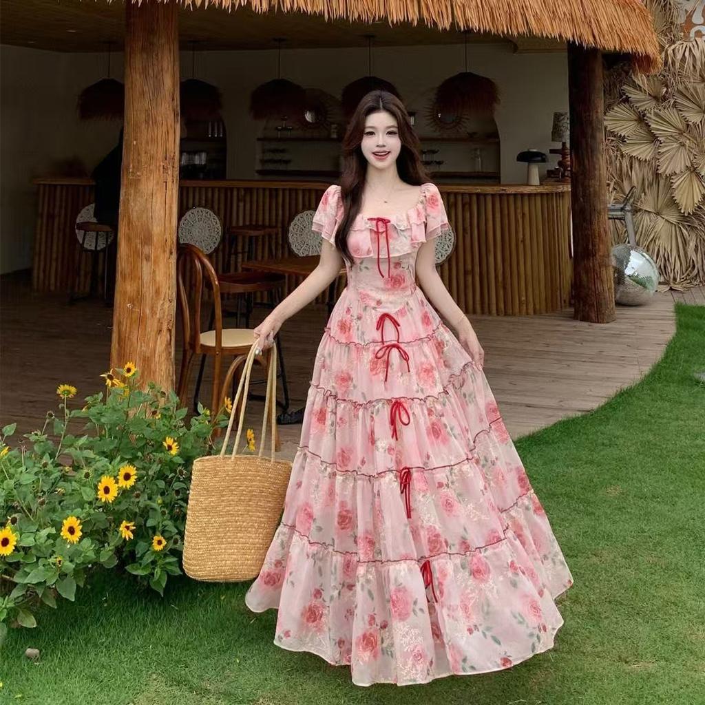 Summer new French retro ruffle edge bow long dress waist floral vacation thin temperament dress women