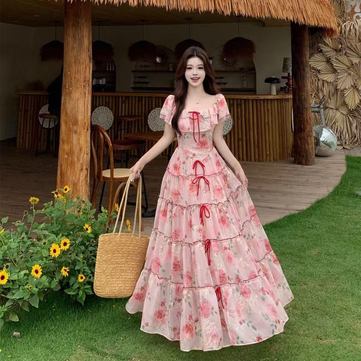 Summer new French retro ruffle edge bow long dress waist floral vacation thin temperament dress women S