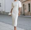 European and American Summer New Elegant Commuter Solid Color One-word Collar Women's Dress