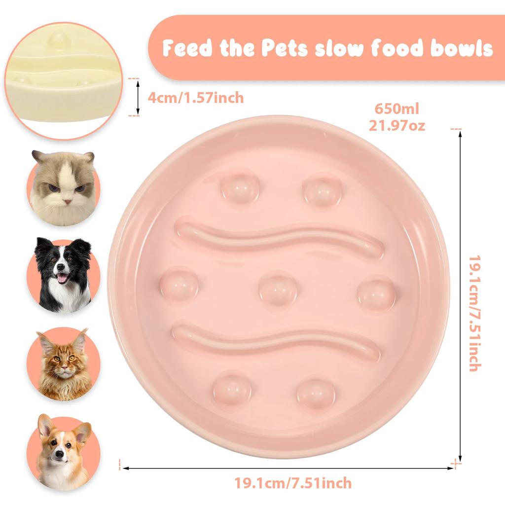 2Pcs Cat Dog Slow Feeder Bowl Ceramic Pet Food Bowl Cat Dish with Nonslip Bottom for Kitten Puppy Pet Feeding Watering Supplies