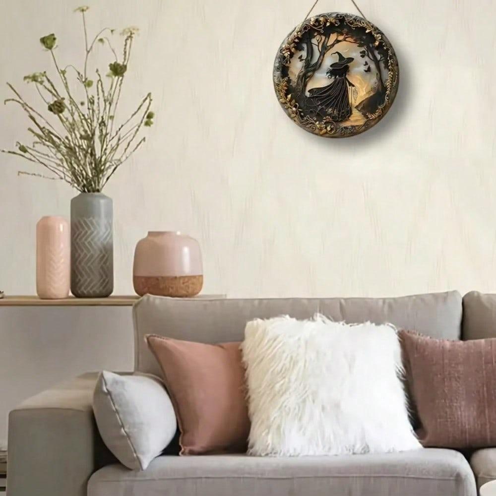 Gothic Witch Decor Round Metal Wall Art Acrylic Plaque for Home Kitchen