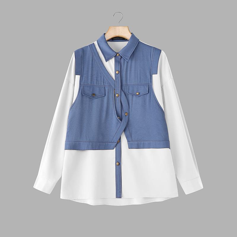 

ZANZEA Женская блузка с отложным воротником и длинным рукавом в стиле пэчворк 2XL белый