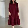 Women Casual Round Neck 3/4 Sleeve Loose Ruffles Dress