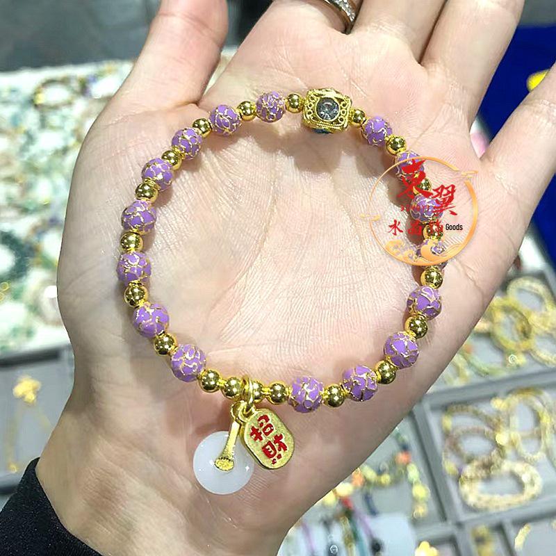 Pure Purple Cloisonné Safety Buckle Bracelet with Blooming Flowers, Filigree, Gold Foil, and Ash Glaze.