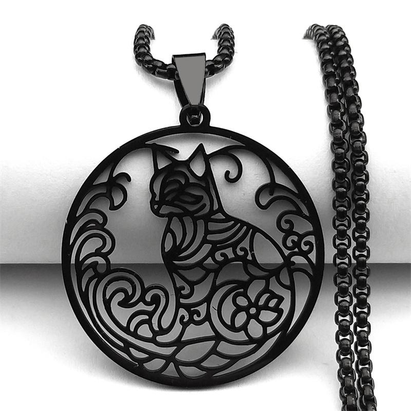 A beautiful cat animal pendant necklace for men and women, stainless steel gold/silver/black hollow flower chain jewelry necklace